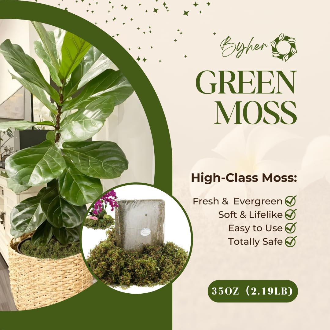 Artificial green moss displayed with a potted plant and a block of moss, featuring product benefits and weight.