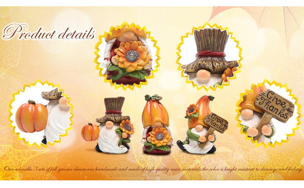 Set of 5 fall-themed gnome statues with pumpkins and sunflowers, one holding a 'Give Thanks' sign.