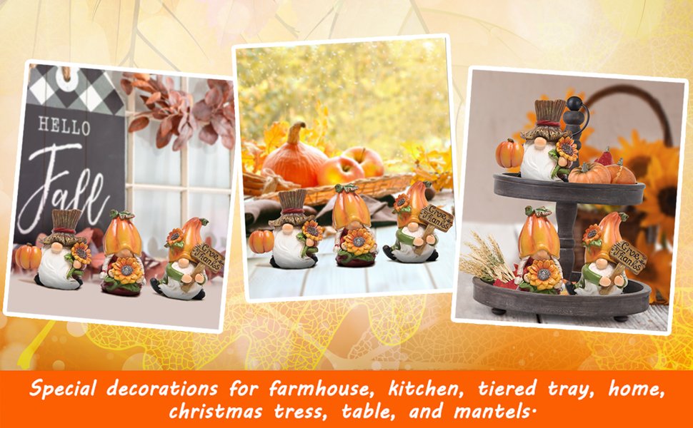 Set of three fall-themed gnome statues with pumpkins and sunflowers, one holding a 'Give Thanks' sign.