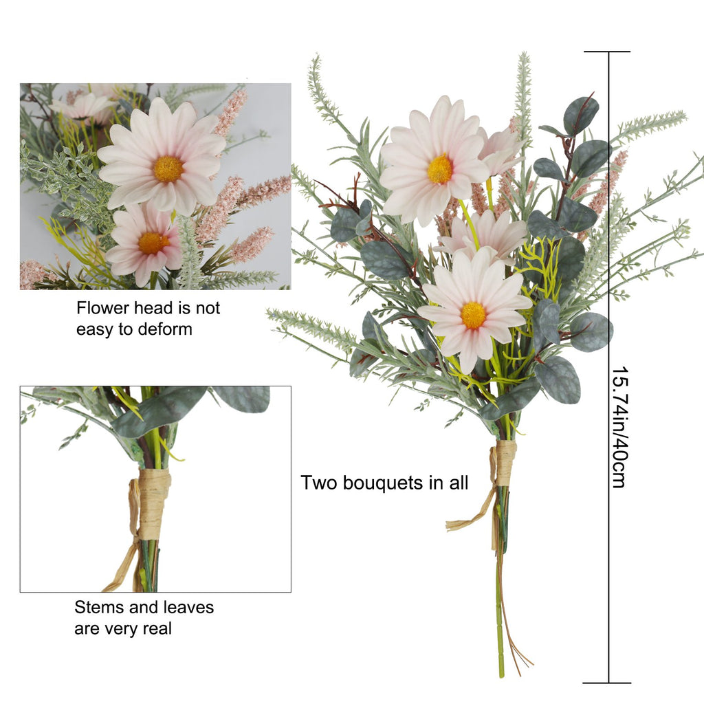 Two artificial wildflower bouquets with pink daisies and eucalyptus, tied with twine, showing height and detail.