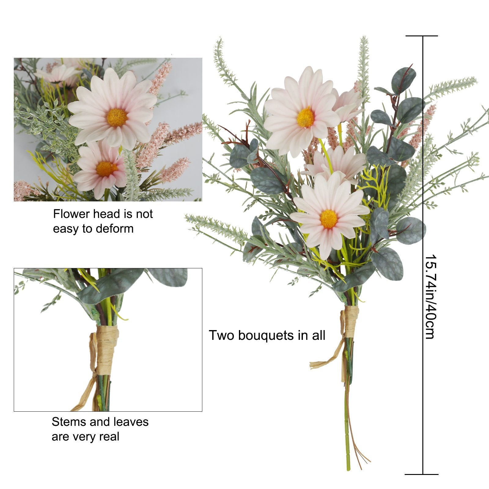 Two artificial wildflower bouquets with pink daisies and eucalyptus, tied with twine, showing height and detail.