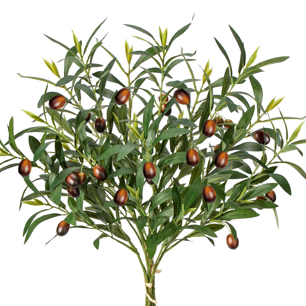 Artificial olive branch with green leaves and brown olives, tied with twine at the stem, isolated on white.