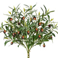 Artificial olive branch with green leaves and brown olives, tied with twine at the stem, isolated on white.