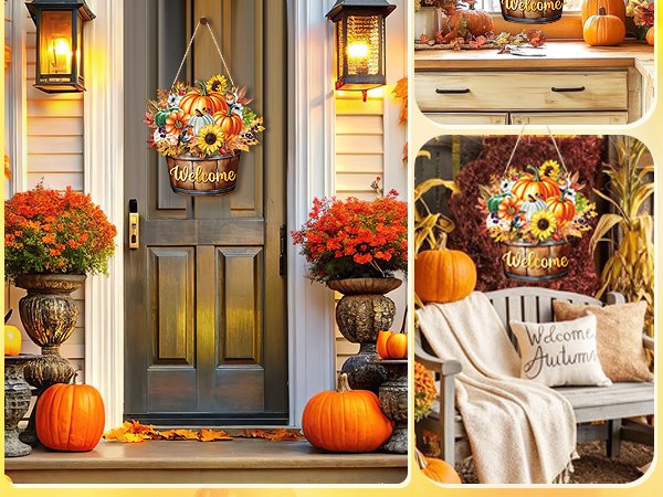 Autumn door sign with pumpkins, sunflowers, and maple leaves hanging on a door, with lifestyle shots of the sign in different settings.