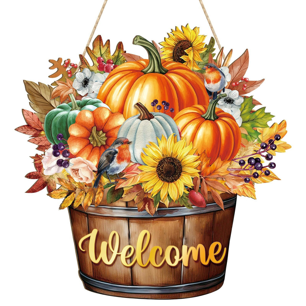 Wooden barrel door sign with pumpkins, sunflowers, leaves, and birds, reads 'Welcome'