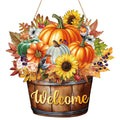 Wooden barrel door sign with pumpkins, sunflowers, leaves, and birds, reads 'Welcome'