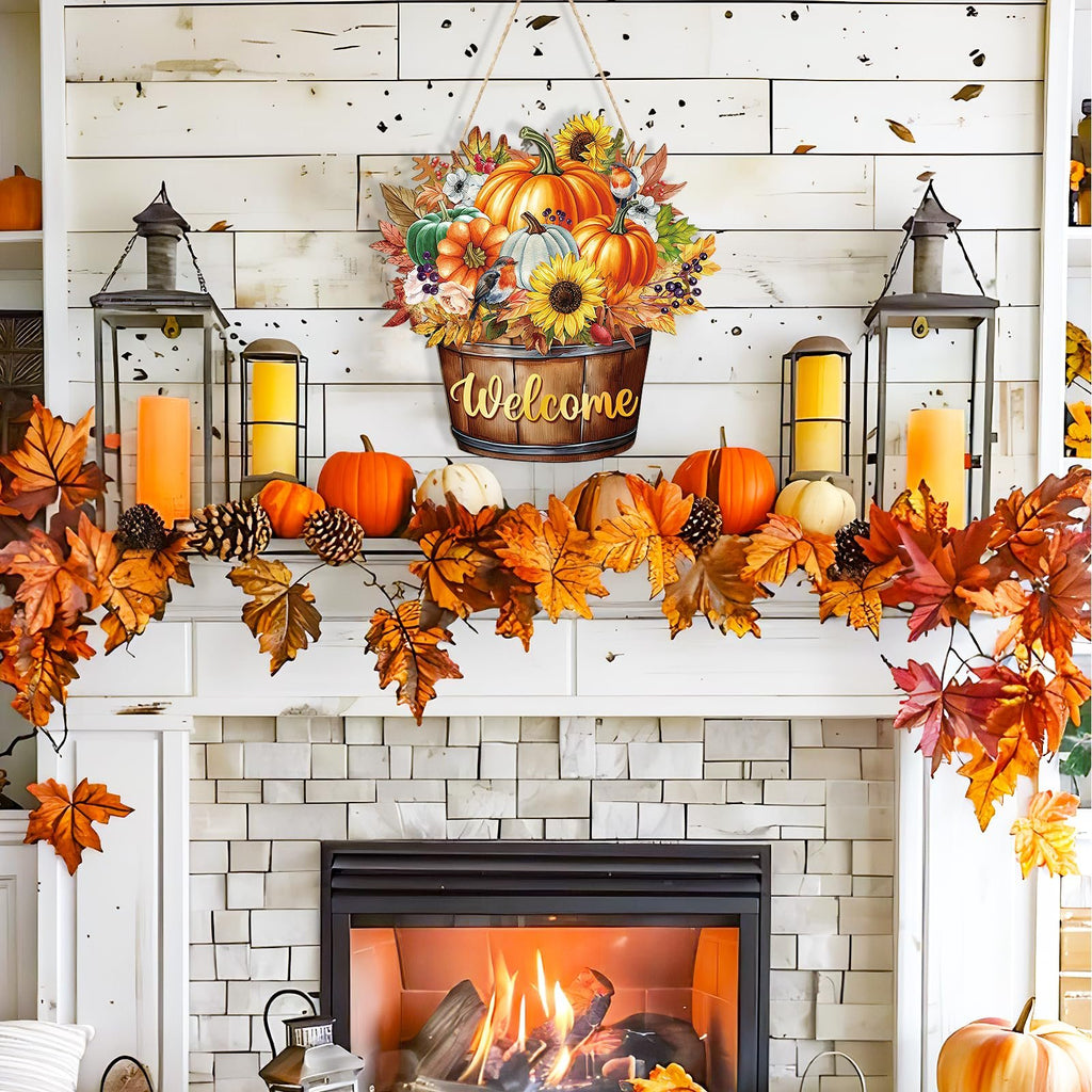 Autumn welcome door sign with pumpkins, sunflowers, and leaves hanging above a fireplace mantel decorated with pumpkins and fall foliage.