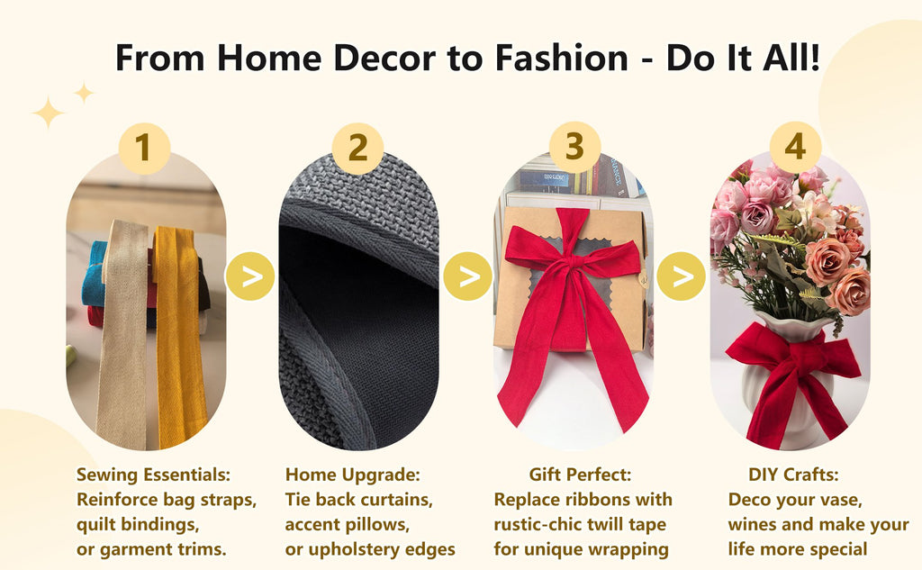 Collage showing four ways to use herringbone twill tape: sewing essentials, home decor, gift wrapping, and DIY crafts.