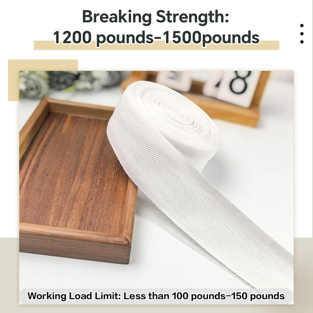 Roll of white cotton herringbone twill tape next to a wooden tray, with text overlays about strength.