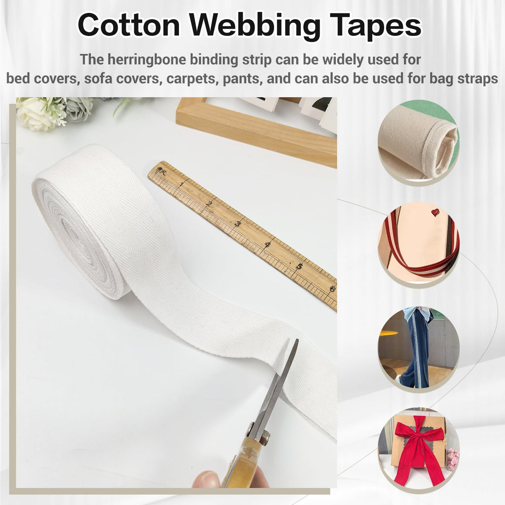 Roll of white cotton herringbone twill tape being cut with scissors, with a ruler nearby and inset circular images showing applications.