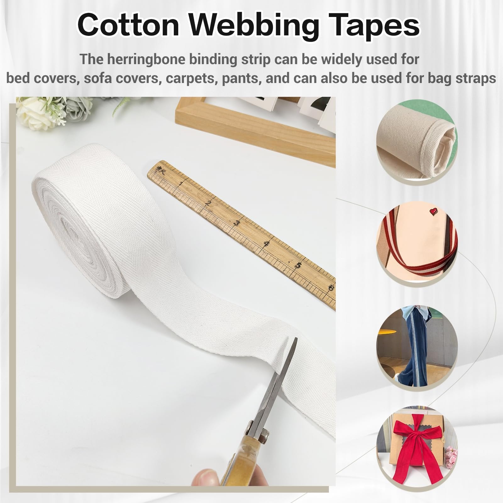 Roll of white cotton herringbone twill tape being cut with scissors, with a ruler nearby and inset circular images showing applications.