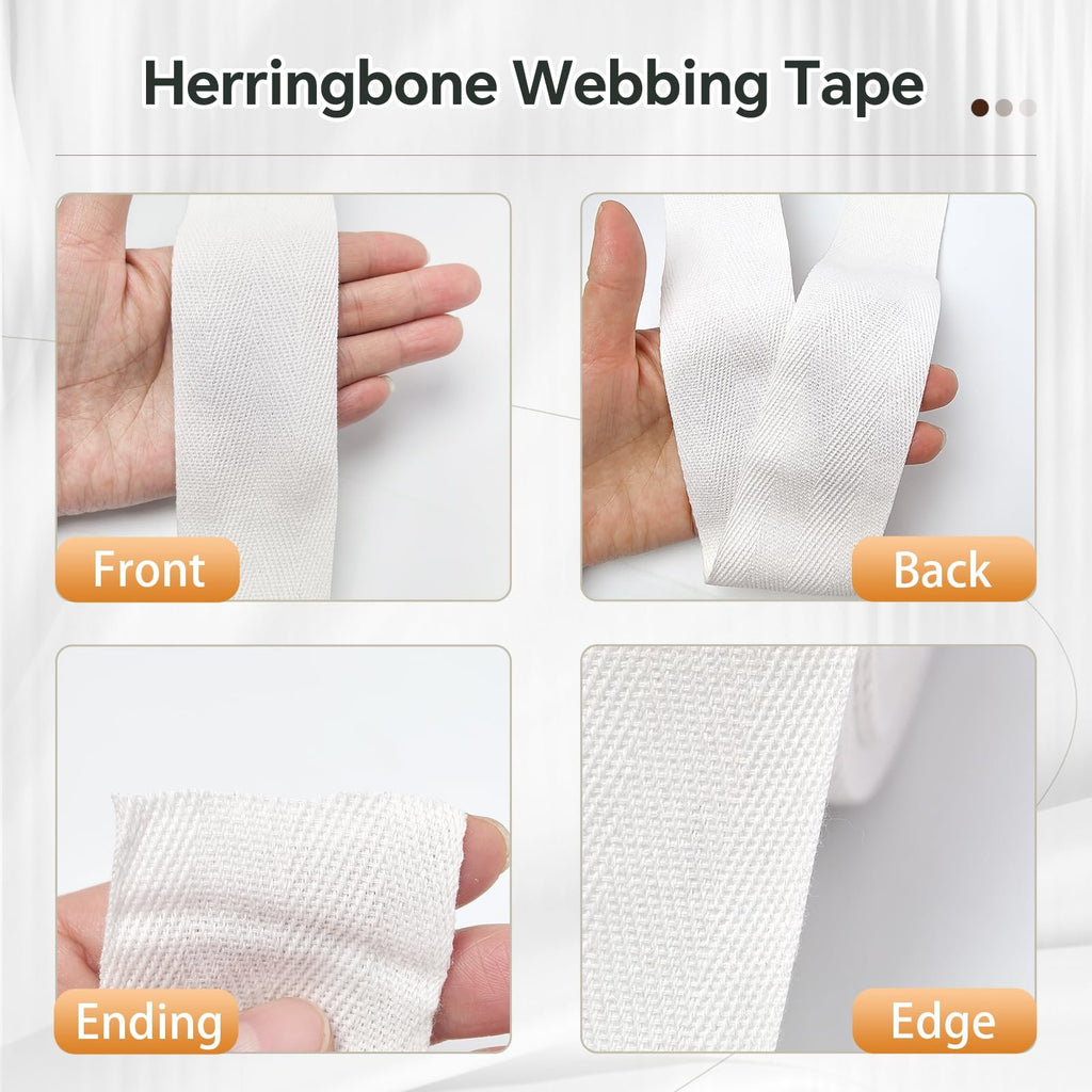 Four close-up views of white cotton herringbone twill tape held by hands, showing front, back, ending, and edge textures.