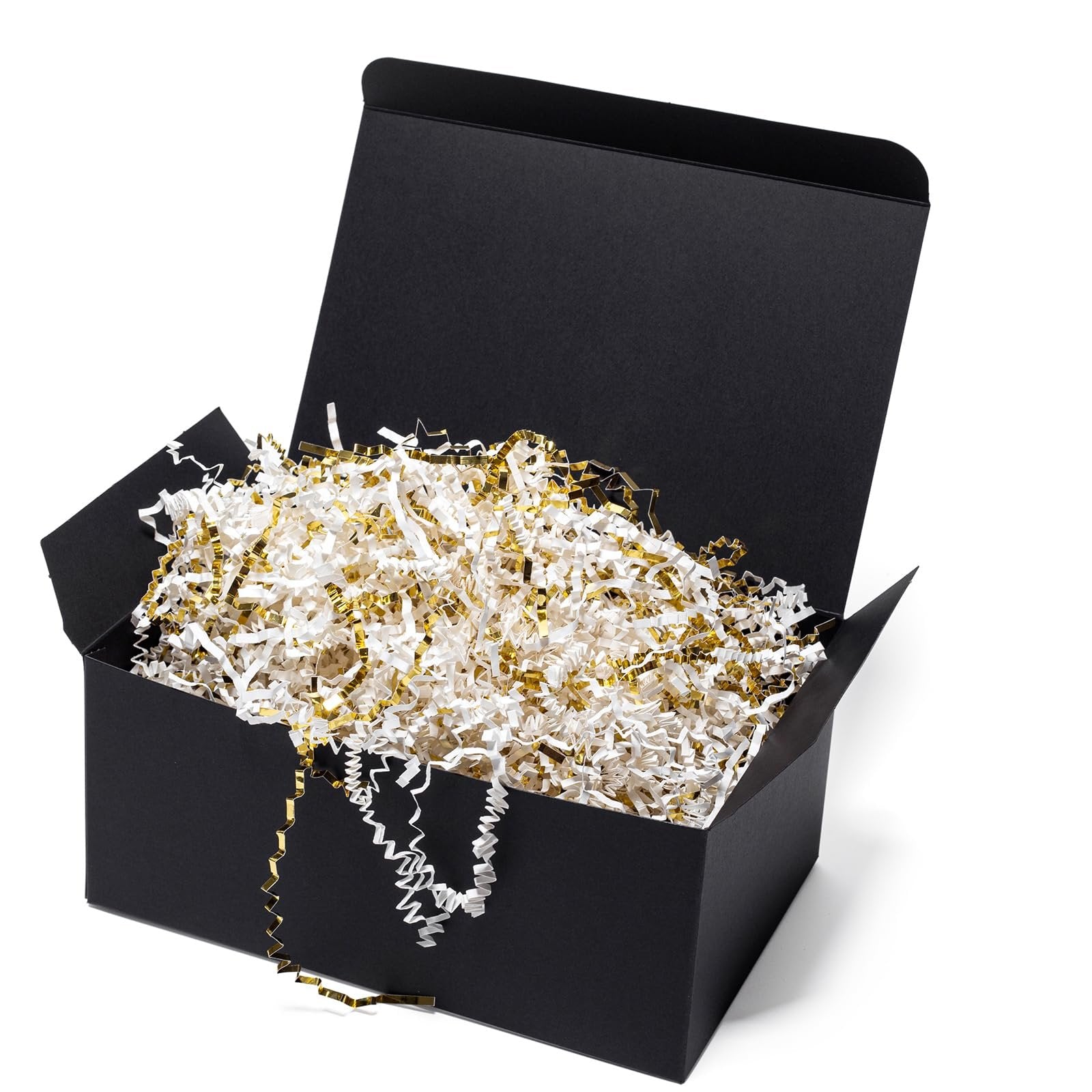 Black gift box filled with white and gold crinkle cut paper shred filler, shown from a slightly elevated angle.