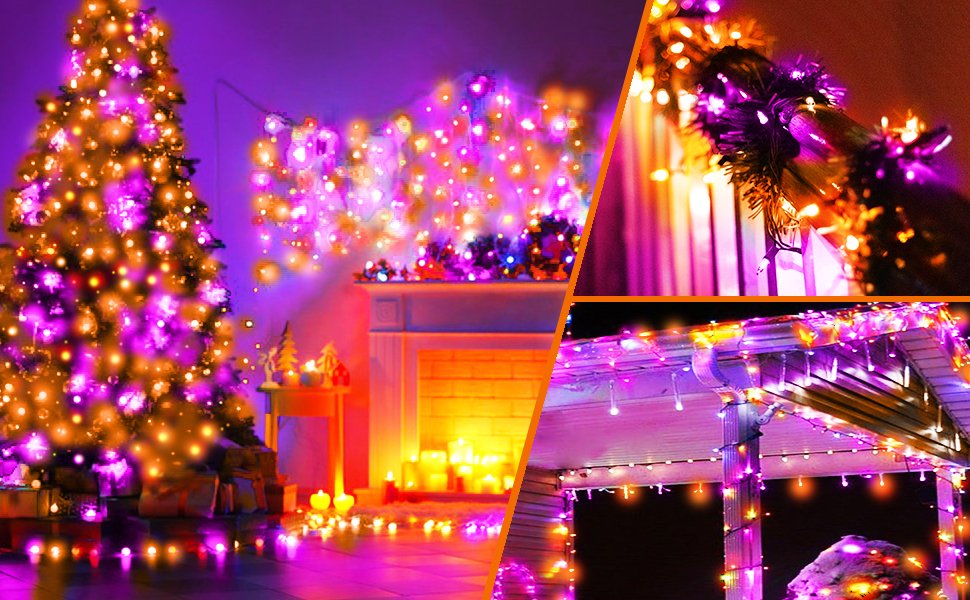 Collage of Halloween string lights decorating a Christmas tree, fireplace, and house exterior.