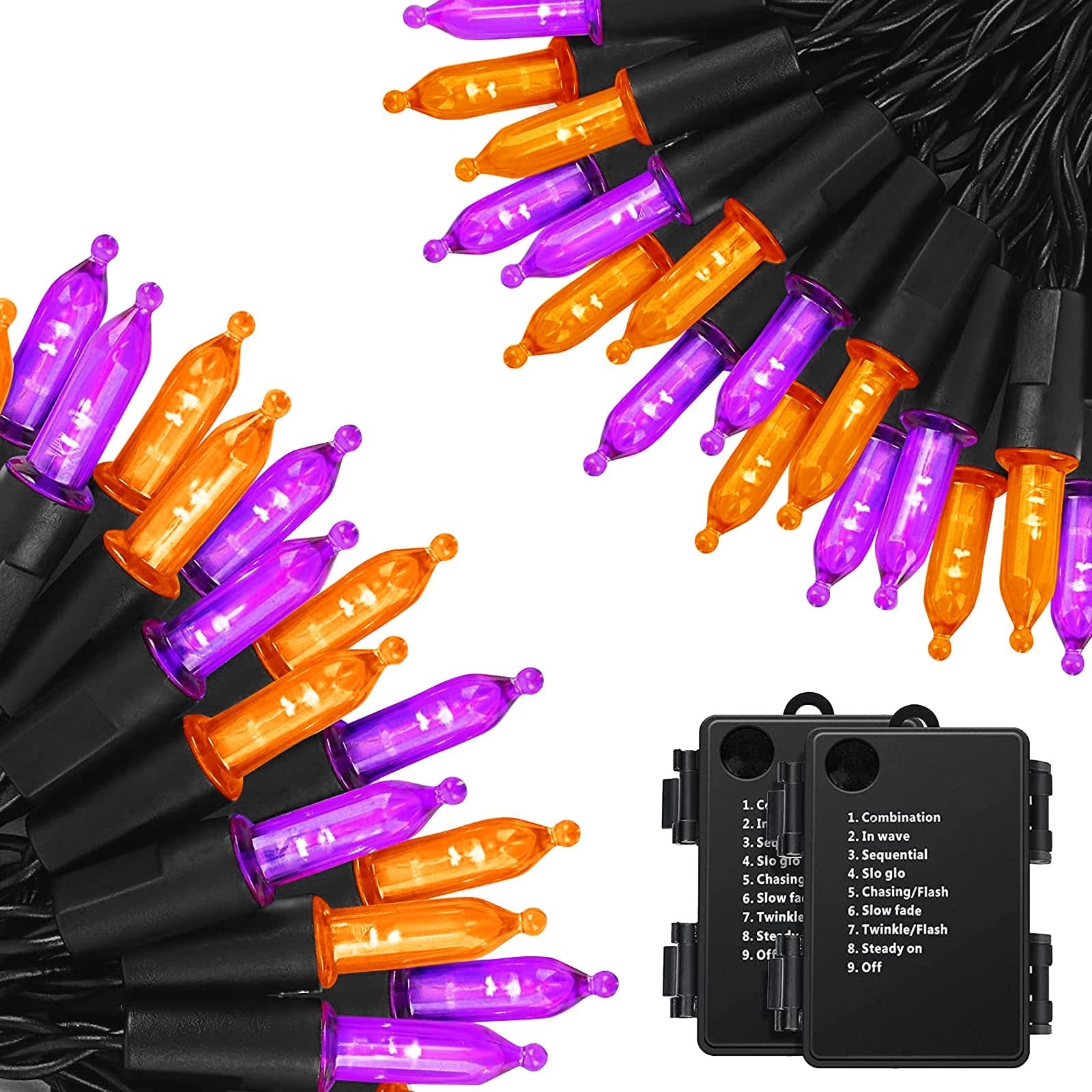 Orange and purple Halloween string lights with black wires and battery packs showing mode options
