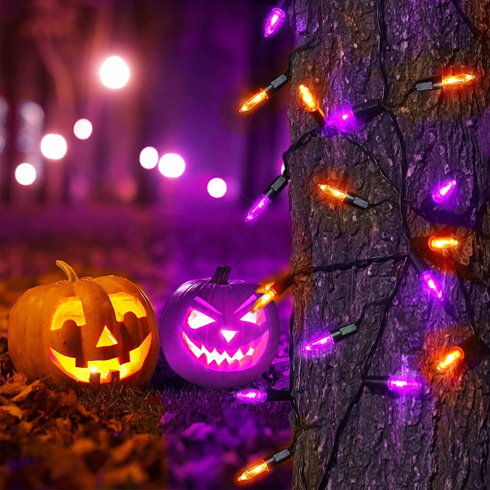 Halloween string lights in orange and purple draped on a tree trunk next to two carved jack-o'-lanterns at night.