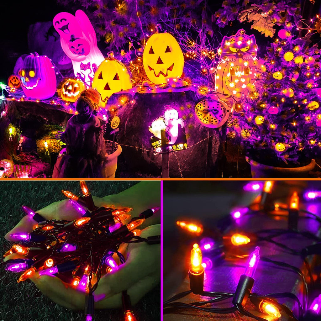 Halloween string lights with orange and purple bulbs displayed on a tree and in hands.