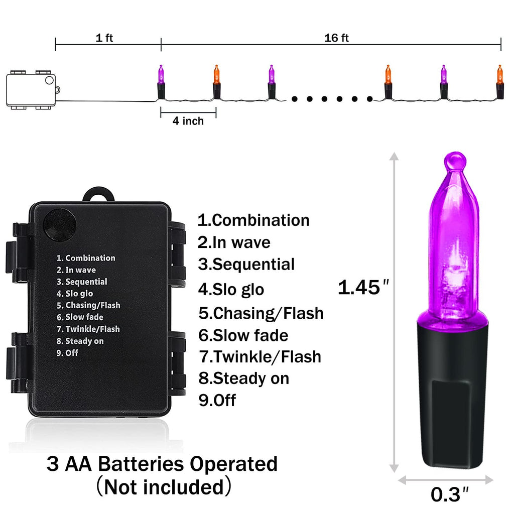Battery operated Halloween string lights with orange and purple bulbs, showing dimensions and 9 modes.