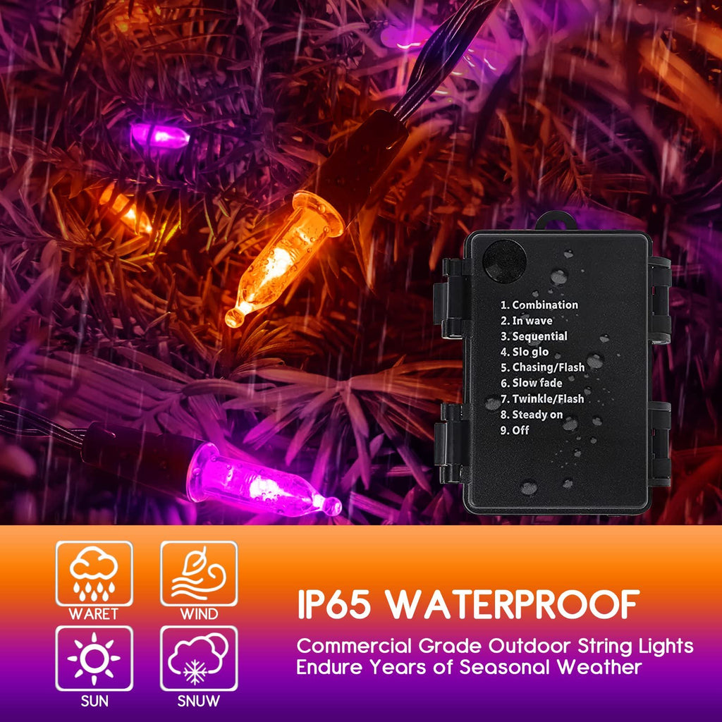 Orange and purple Halloween string lights with battery pack showing 9 modes and IP65 waterproof rating.