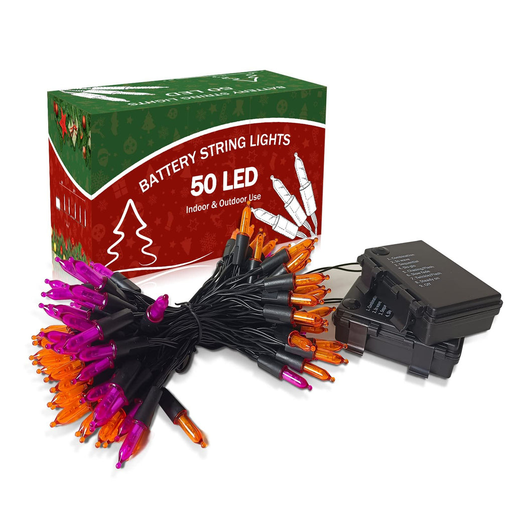 Orange and purple Halloween string lights with battery pack and box on white background