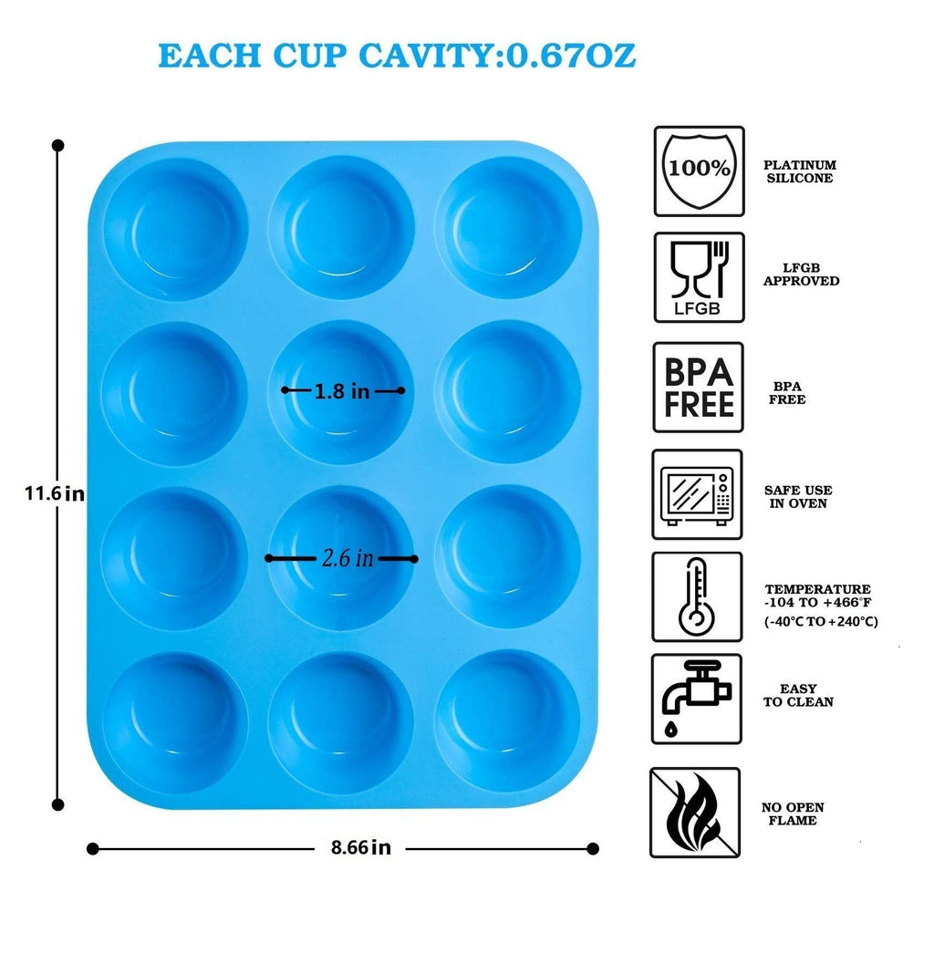 Blue silicone 12-cup muffin pan shown from above with dimensions and feature callouts.