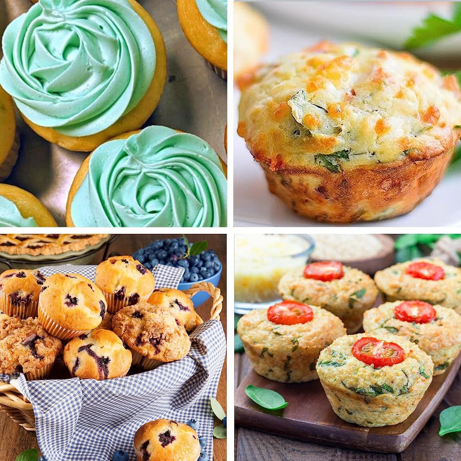 Collage of four images showing cupcakes, savory muffins, blueberry muffins in a basket, and quinoa muffins with tomato.