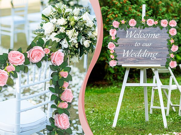 Pink artificial rose garland draped on a white wedding chair and around a wooden welcome sign.