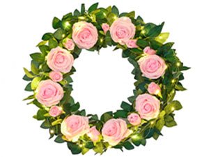Artificial pink rose floral garland wreath with green leaves and fairy lights, isolated on white background.