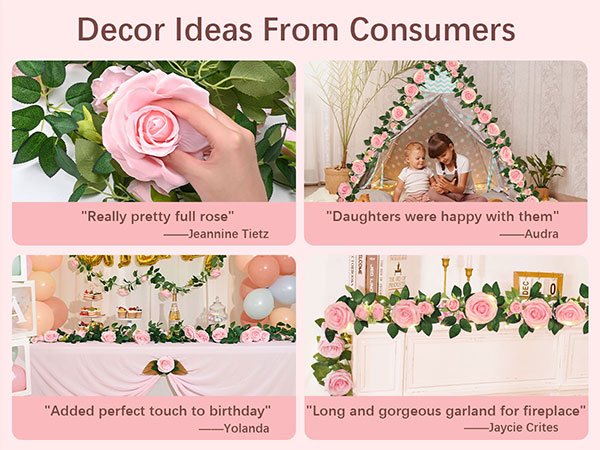 Collage of pink artificial rose garlands used for decor, showing close-up of rose, garland on tent, garland on party table, and garland on fireplace.