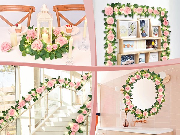 Four lifestyle images showing pink artificial rose garlands with fairy lights decorating a table, a shelf, stairs, and a mirror.