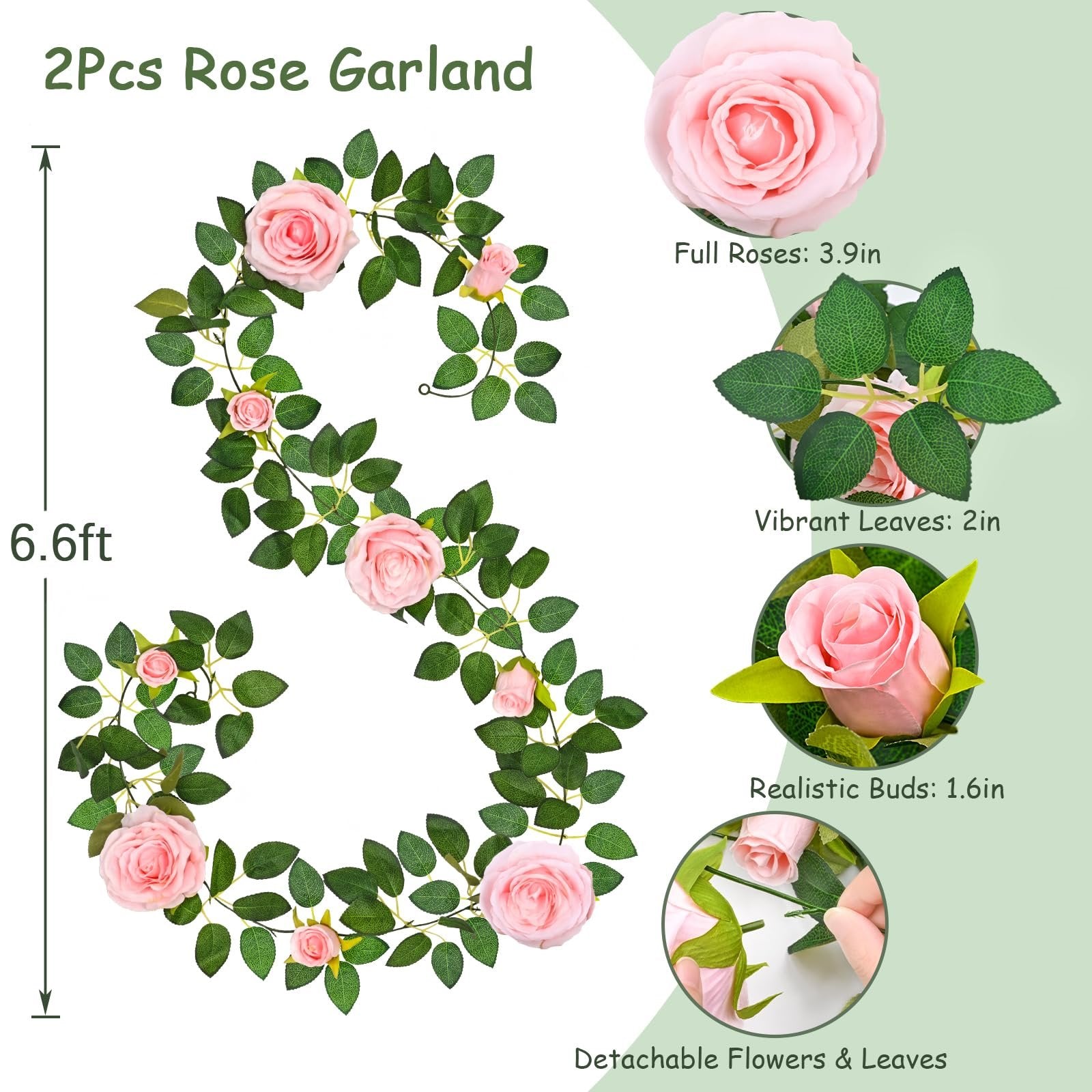 Pink artificial rose garland with green leaves, showing dimensions and details of roses and leaves.