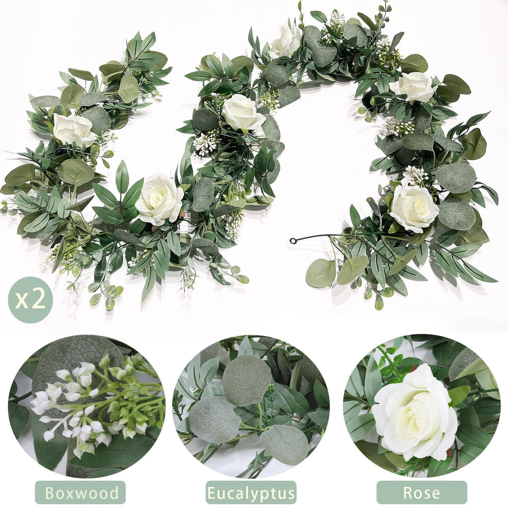 Two artificial eucalyptus flower garlands with white roses and gypsophila, shown with close-up details of boxwood, eucalyptus, and rose.