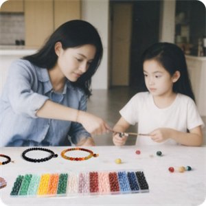 Mother and daughter making bracelets with colorful glass beads and charms on a table