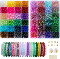 Two clear plastic organizers filled with colorful 8mm round glass beads, plus finished bracelets and charms.