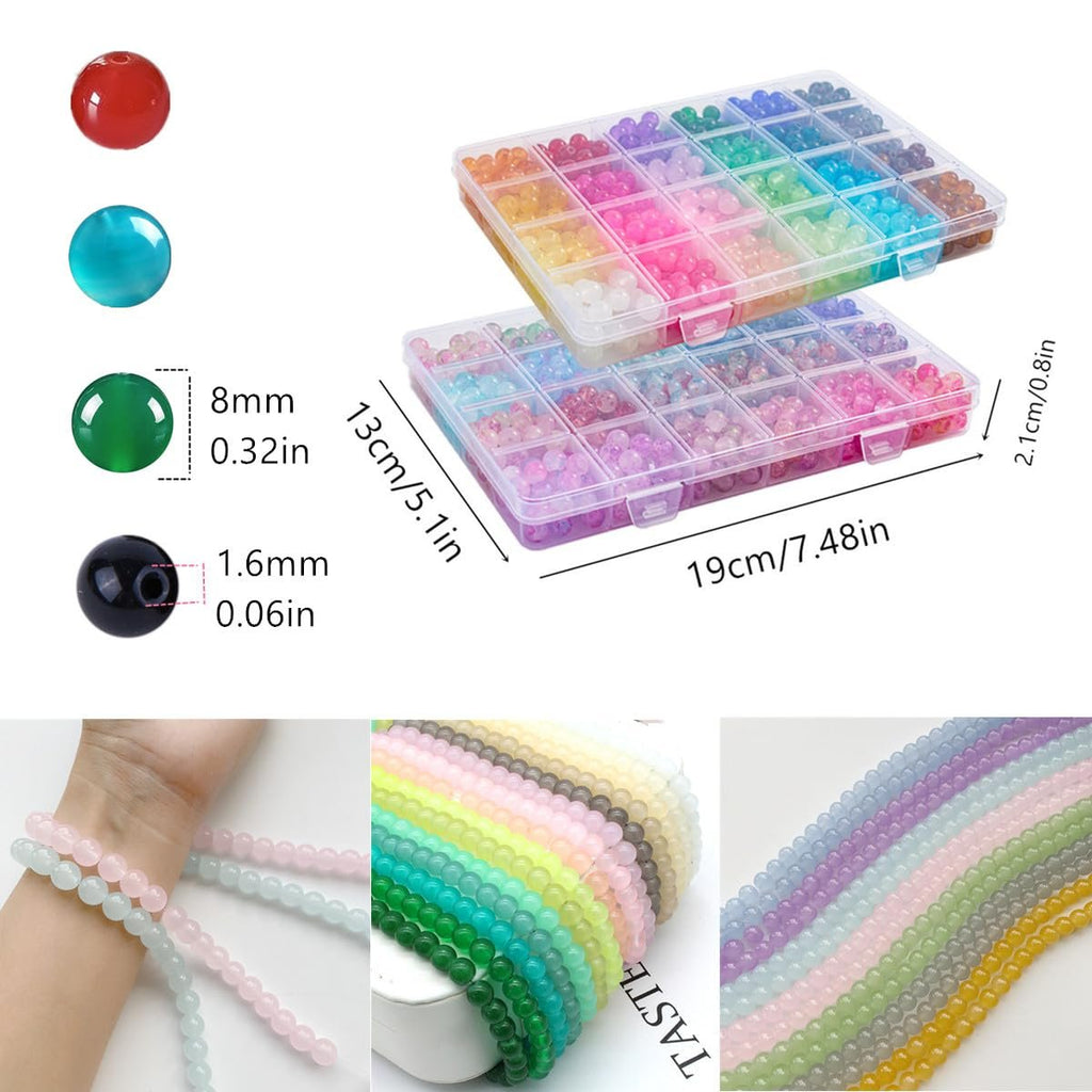 Assortment of colorful glass beads in storage containers, with size callouts and lifestyle shots of beaded strands.