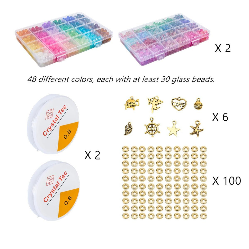 Two clear plastic cases filled with colorful glass beads, two spools of elastic string, assorted charms, and spacer beads.