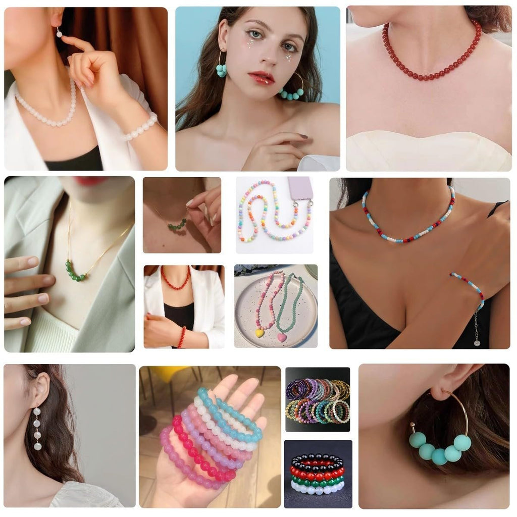 Collage of lifestyle images showcasing various beaded jewelry including necklaces, bracelets, and earrings in different colors and styles.