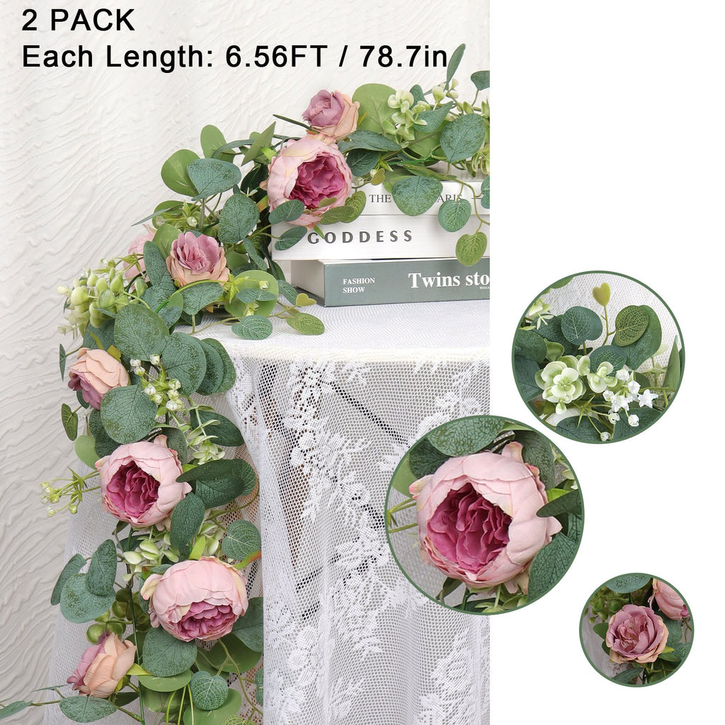 Artificial peony and eucalyptus garland draped over a lace tablecloth with inset close-ups of flowers.