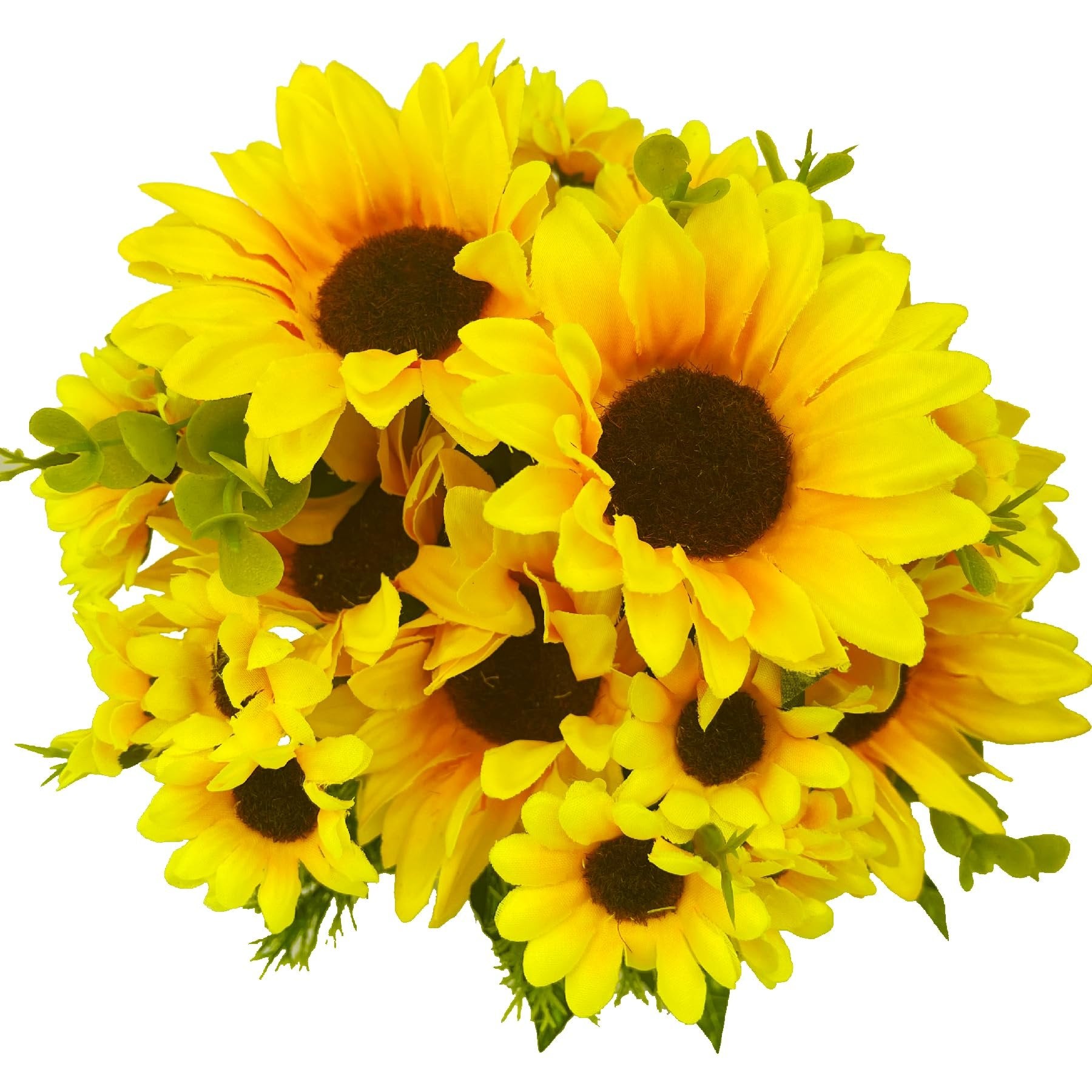Artificial sunflower bouquet with eucalyptus and fern grass on a white background.