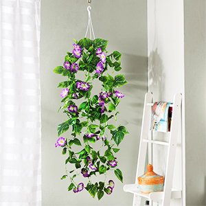 Hanging artificial morning glory vine garland with purple flowers and green leaves, displayed indoors.