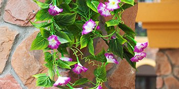 Purple and white artificial morning glory vine garland with green leaves draped on a stone pillar.