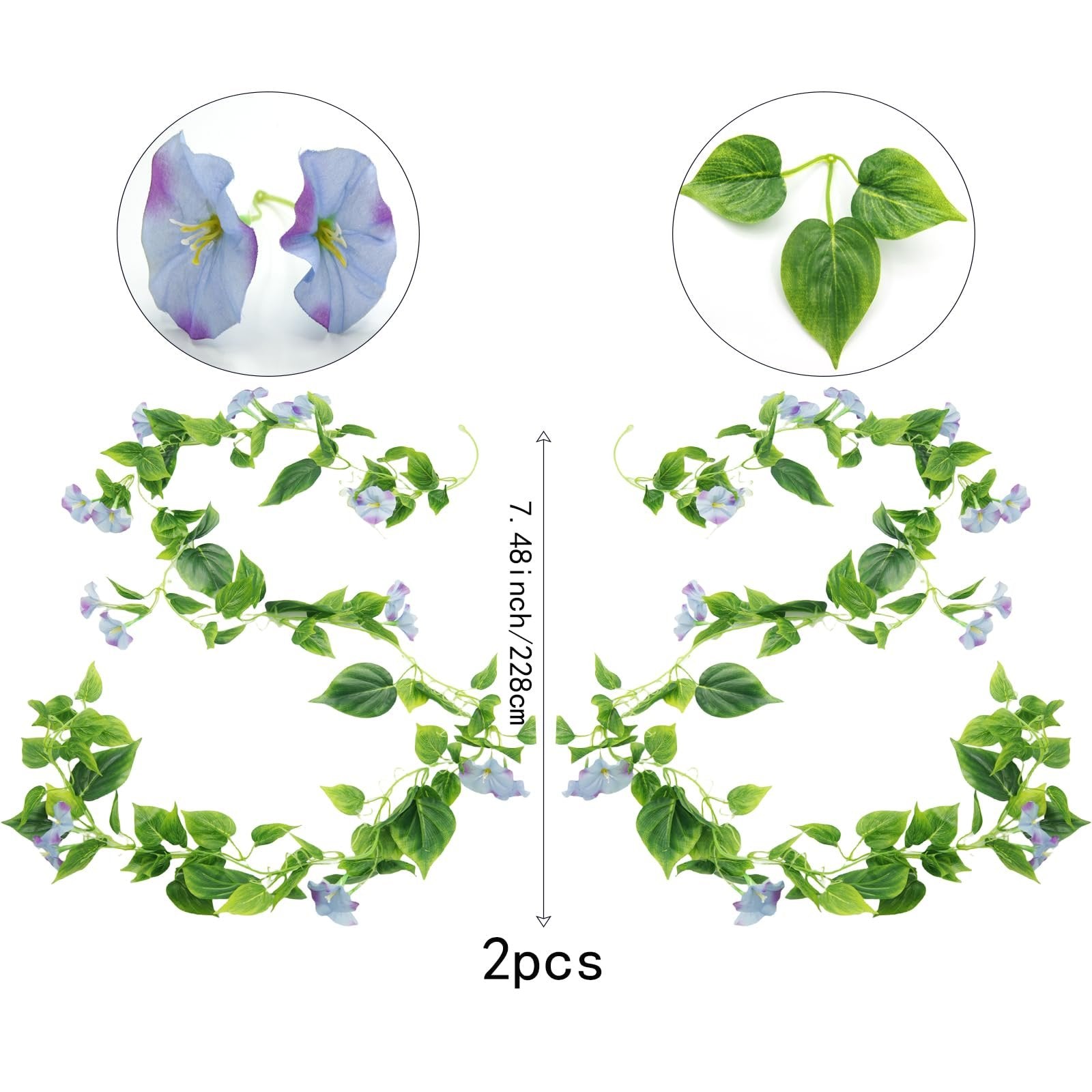 Two artificial purple morning glory vine garlands with green leaves on a white background