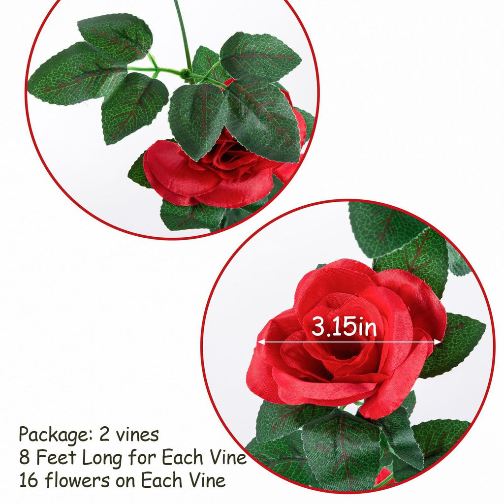 Close-up of artificial red rose garland with green leaves, showing flower diameter and package details.