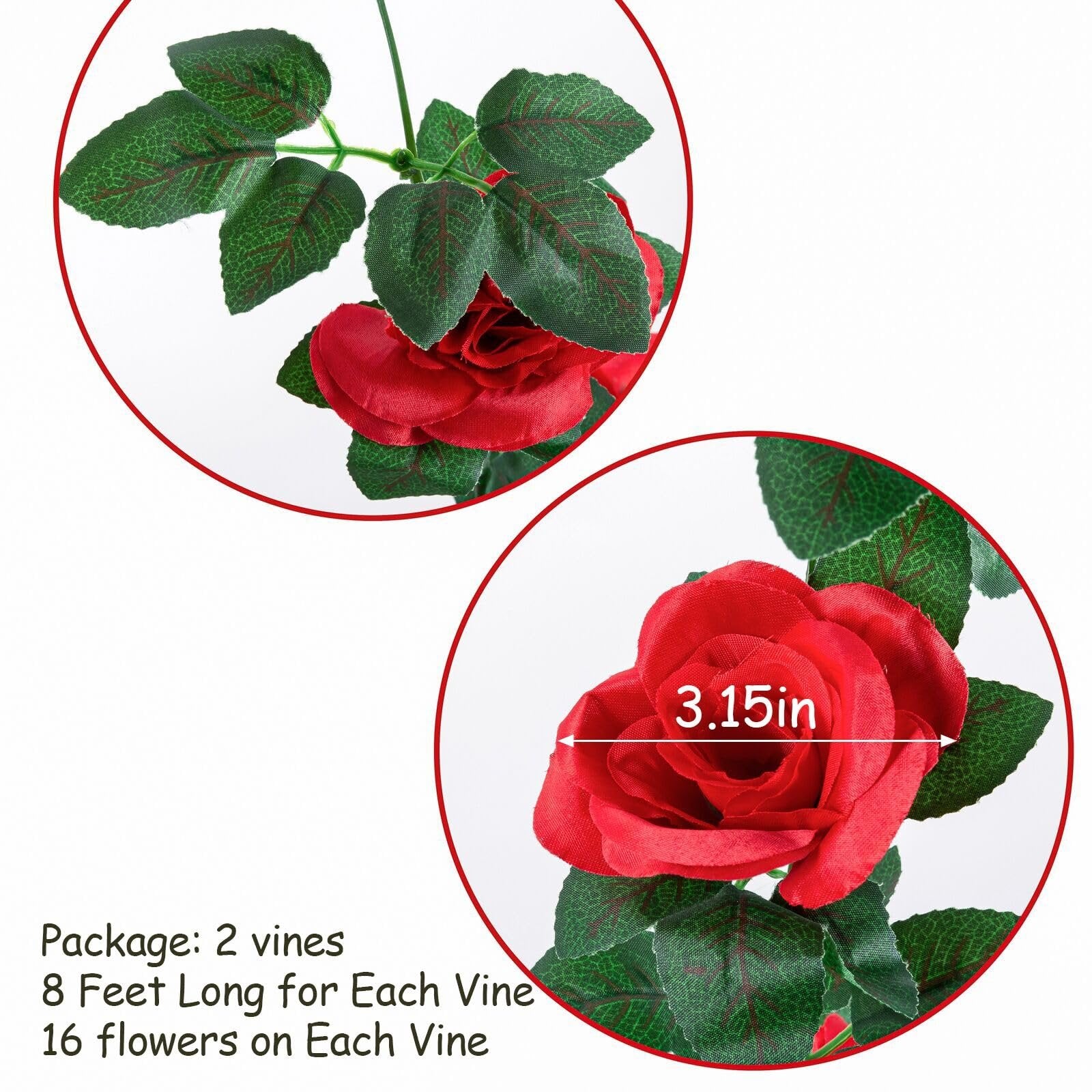 Close-up of artificial red rose garland with green leaves, showing flower diameter and package details.