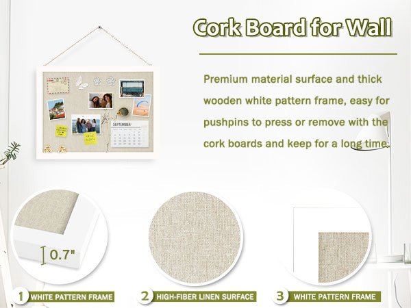 White framed linen cork board with photos, postcards, and calendar pinned to it, shown hanging on a wall.
