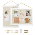 Two linen cork boards with white wood frames, one displaying a photo, earrings, and cards, the other displaying a photo, flowers, and text. Includes pushpins, hanging hardware, and twine.