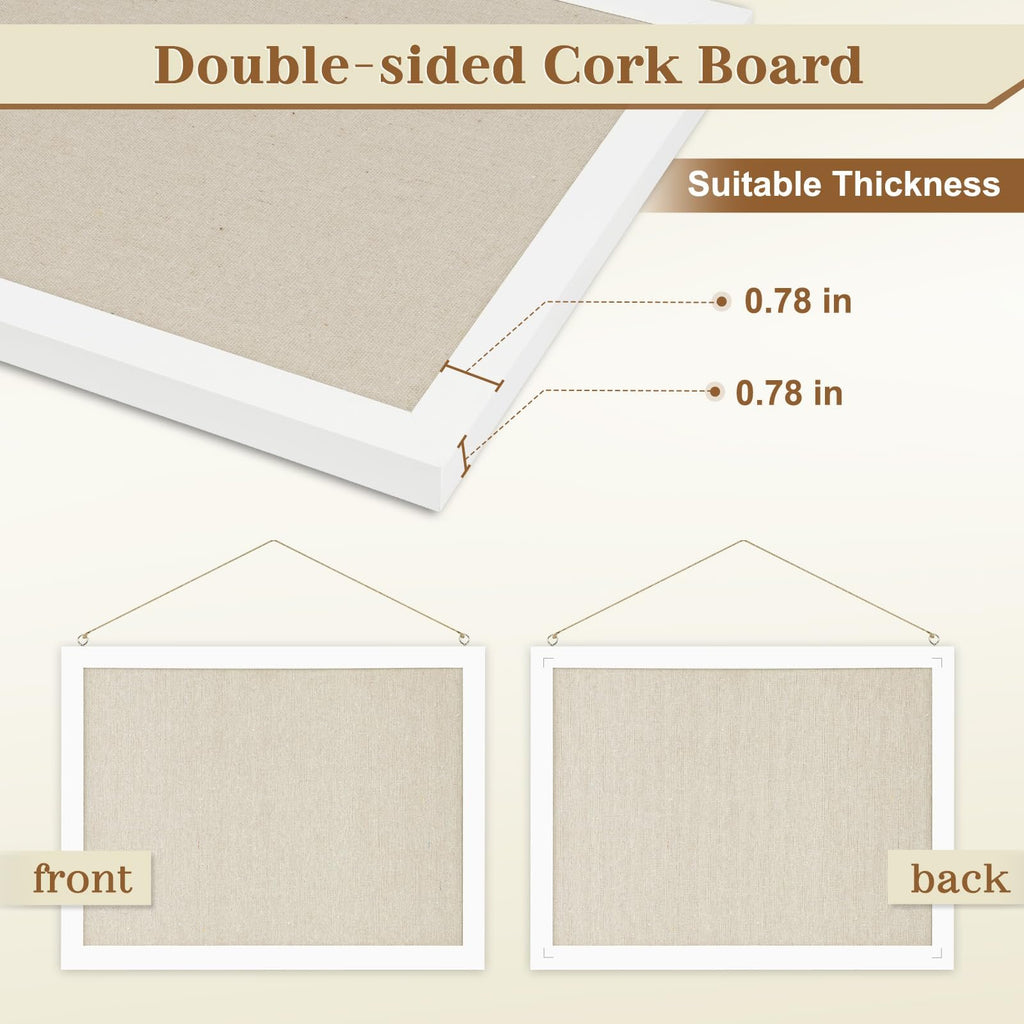 Close-up of a double-sided cork board with white frame, showing thickness measurements and front/back views.