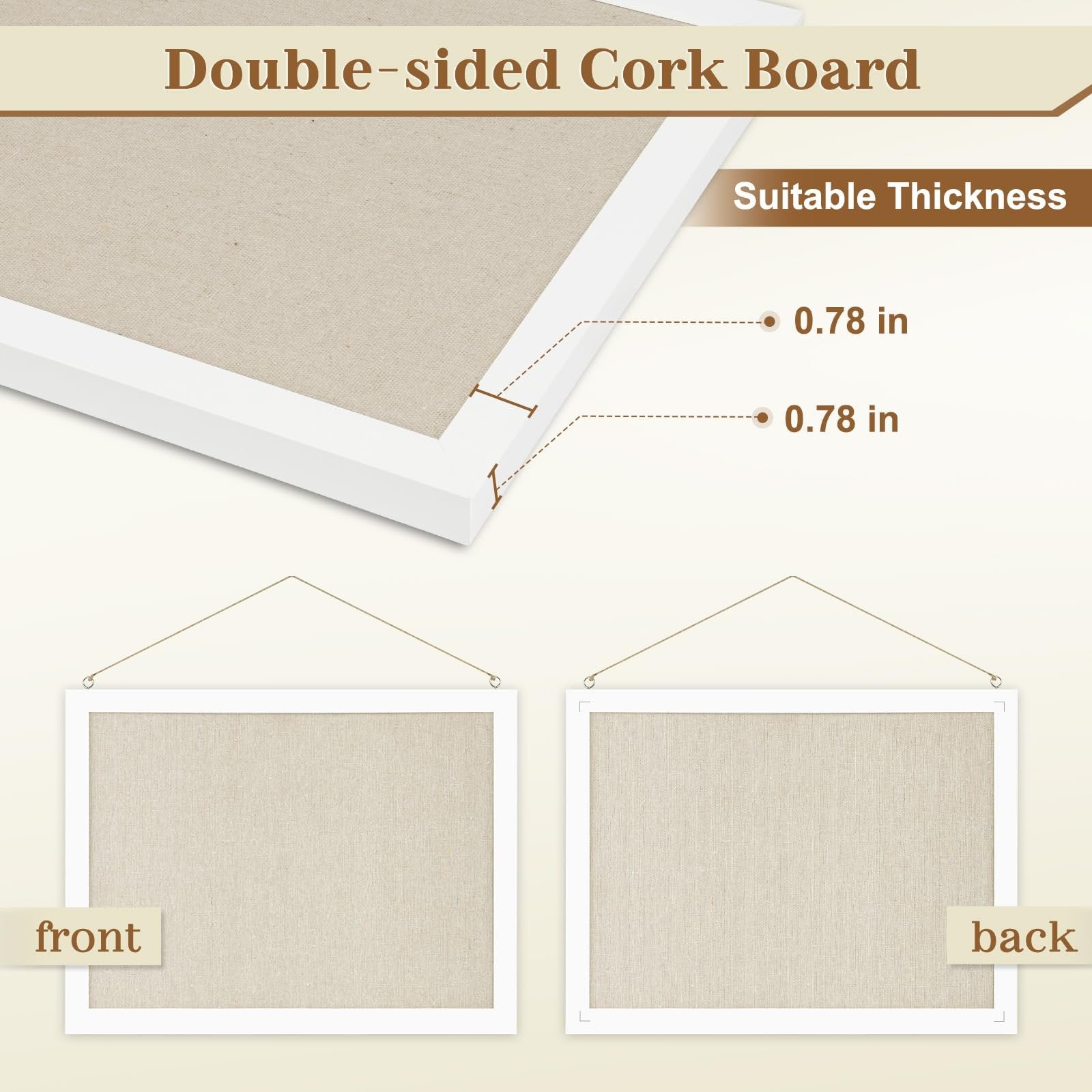 Close-up of a double-sided cork board with white frame, showing thickness measurements and front/back views.