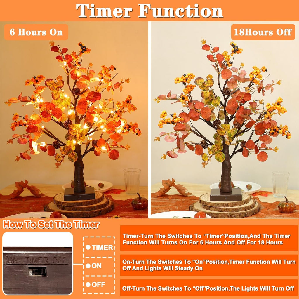 Two tabletop fall trees, one lit with warm LEDs and one unlit, demonstrating timer function.