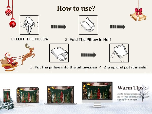 Christmas pillow cover usage instructions with Santa and reindeer graphic, and product display on devices.